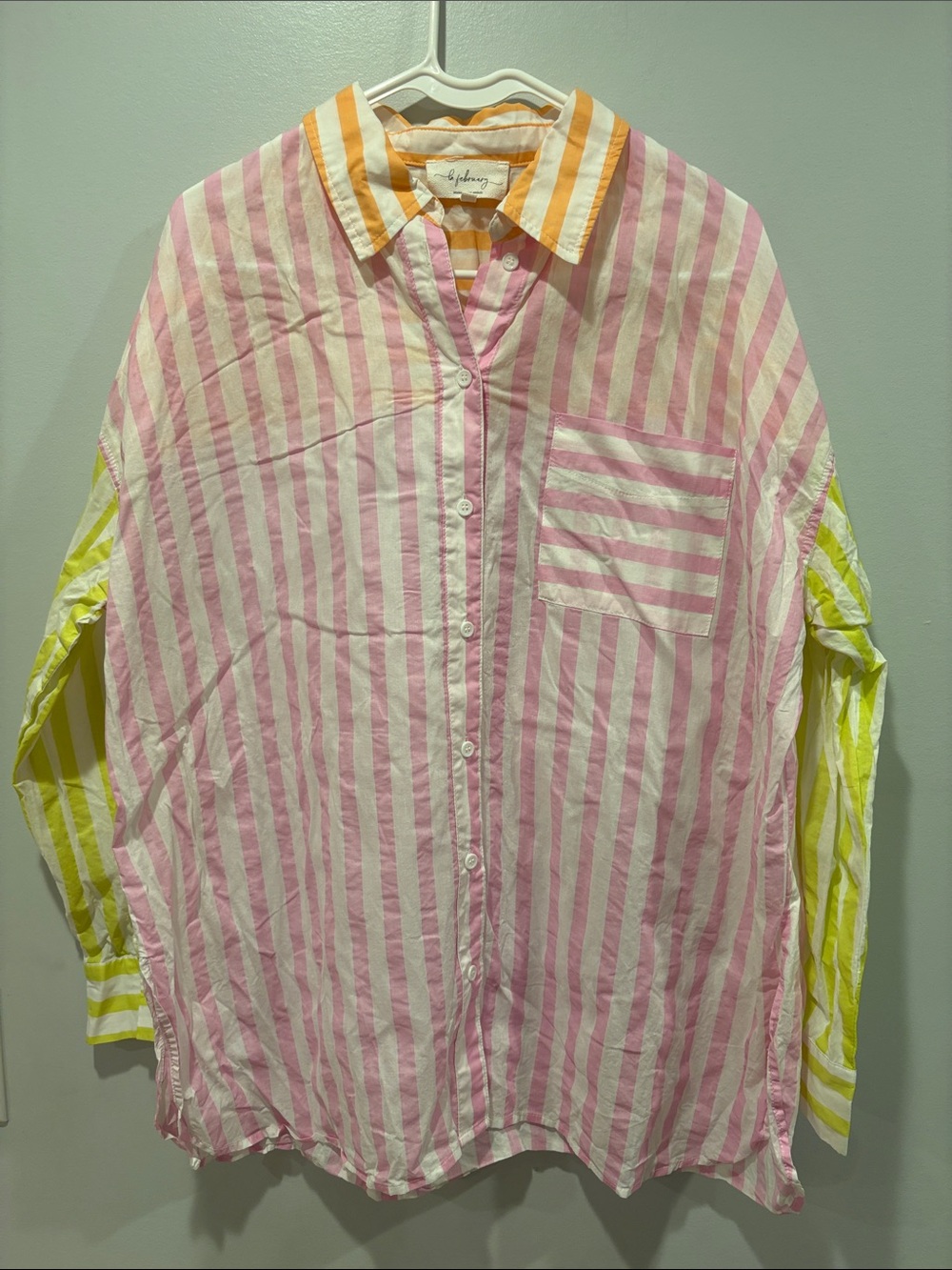 Women’s Striped Button-Down Shirt in Pink, Yellow White ptp 22 length 28 buttone